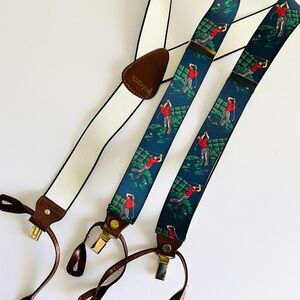 Vintage CAS Germany Suspenders Golf Print Leather Trim